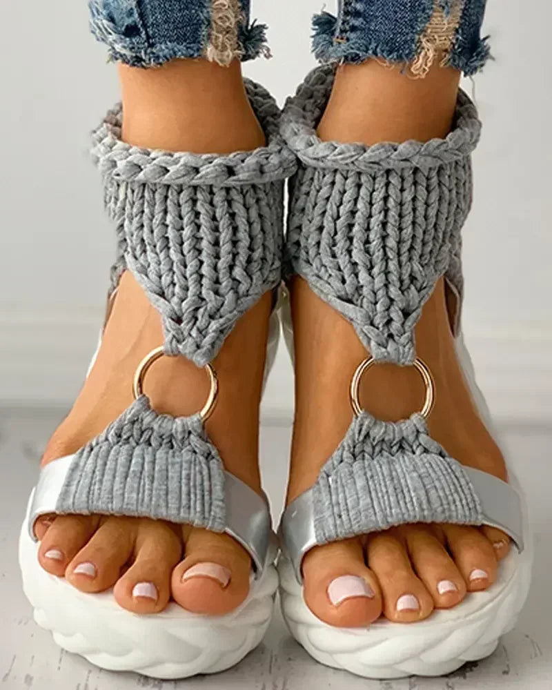 Sandals Women's Braided Knit O-Ring Cutout Platform Summer Gladiator Sandals Shoes Thick Heels Ladies White Sandalias Casual