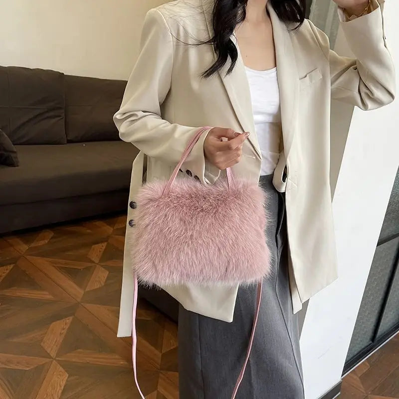 Candy Color Pearl Handle Women's Plush Crossbody Bag Portable Female Furry Handbags Winter Fashion Casual Shoulder Bags