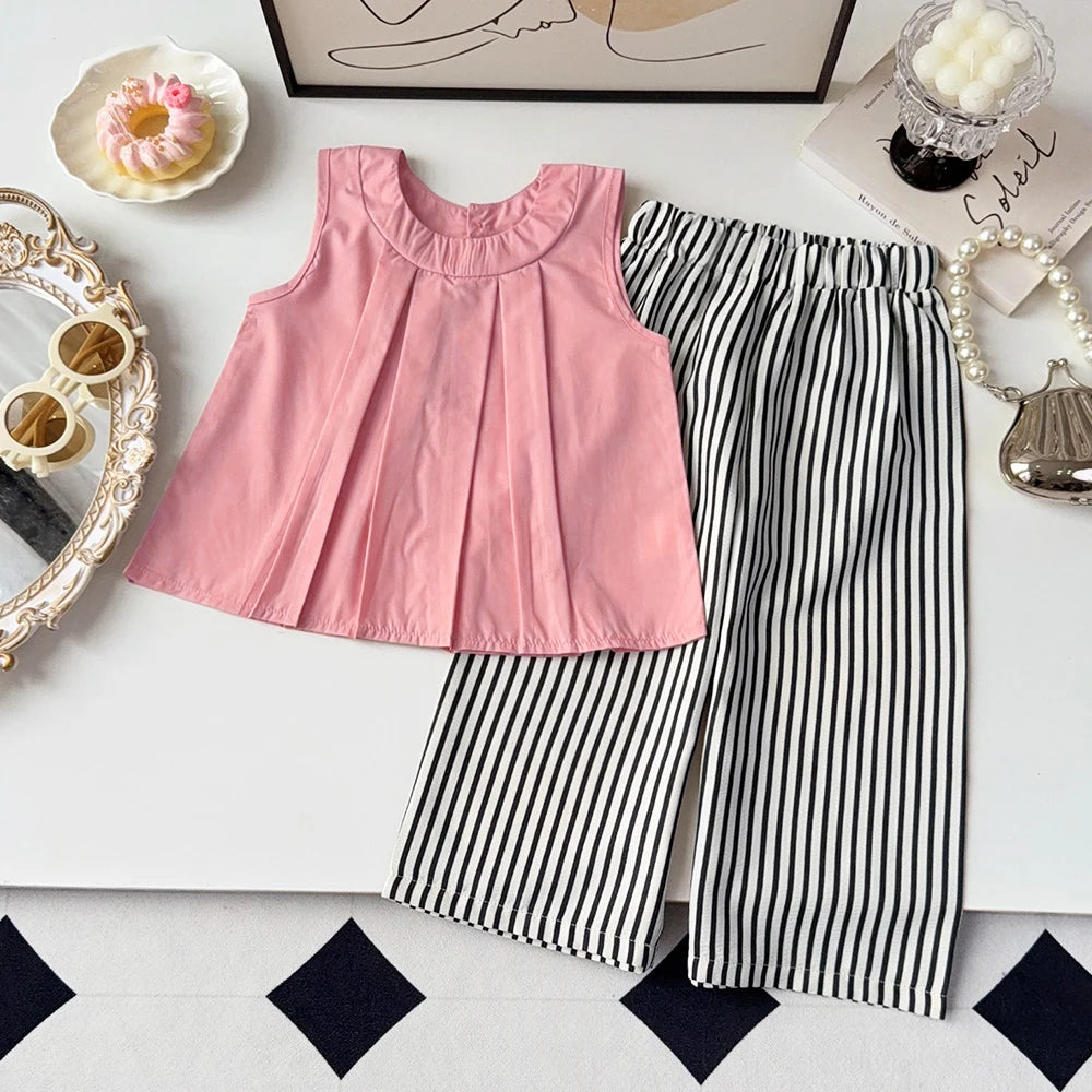 Bear Leader Khaki Vest+Striped Wide Leg Pants Summer Two-piece Set Daily Simple Sleeveless Children's Clothing for 3-7 Years Old
