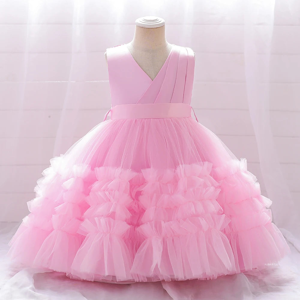 Elegant Bow Bridesmaids Girl Party Dresses Christmas Costumes Tulle Birthday Princess Prom Dress for Girls Wedding Evening Gown