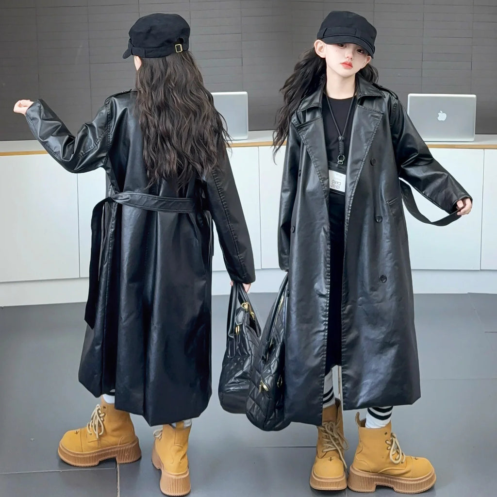 British Kids Child Solid Black Leather Maxi Trench Coat with Belt For Girls High Fashion Autumn Street Clothing X-Long PU Jacket